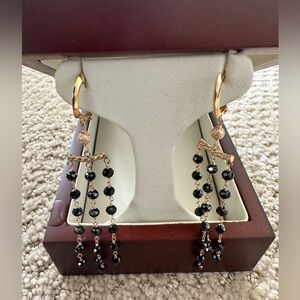 14KT Yellow Gold 3 Row Black Spinel Earrings